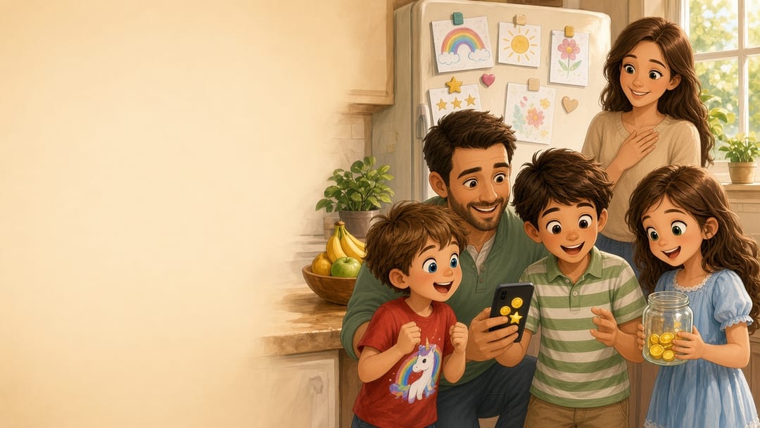 Illustrated family in a warm kitchen with practice coins and a jar of savings. Left side open for headline. Illustration made with AI.