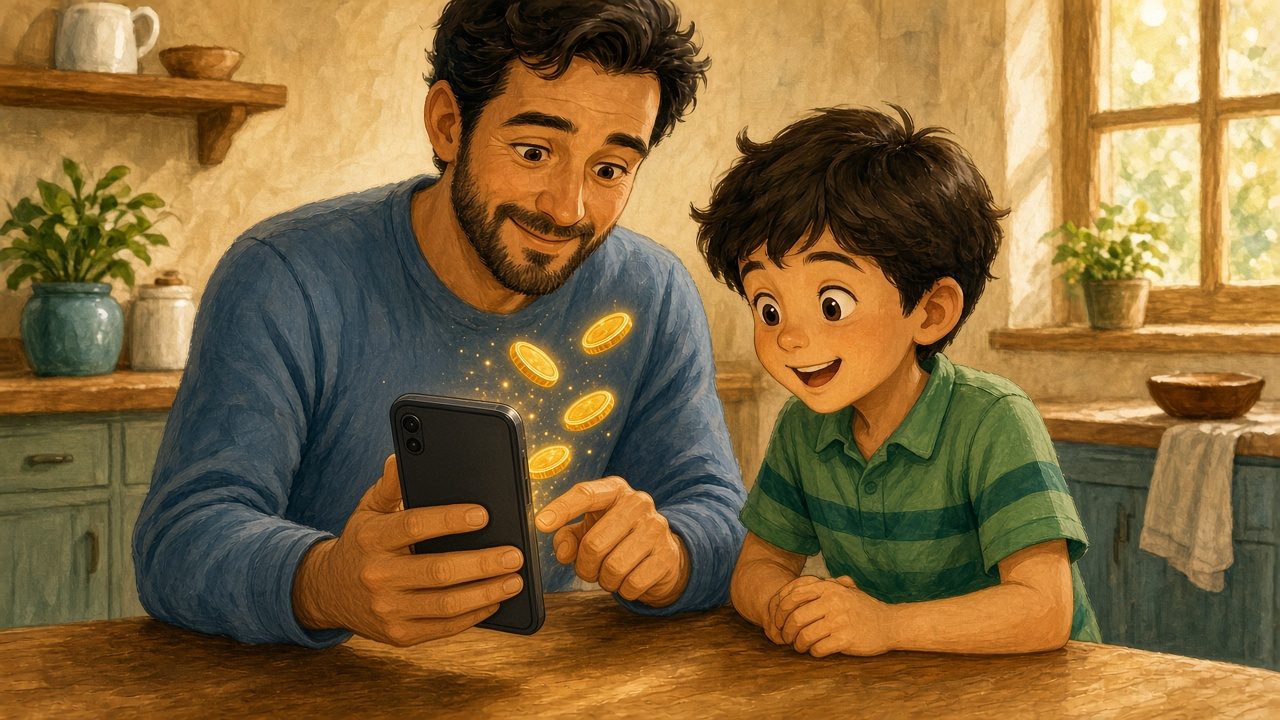 Parent and child adding practice coins on a phone