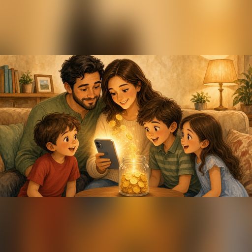 Family watching coins fill a jar