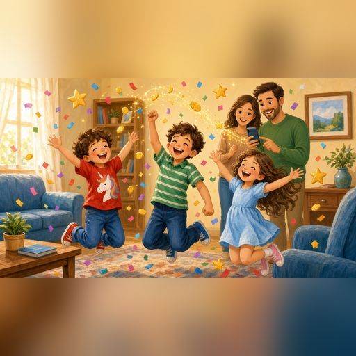 Kids celebrating stars and coins